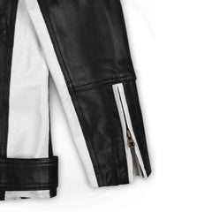 Women’s Black and White Racer Leather Jacket with Belt
