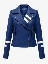 Women's Blue Leather Jacket with White Stripe Detail Front