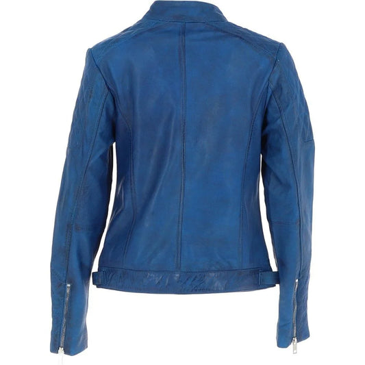 Women’s Blue Quilted Leather Jacket with Stand Collar