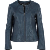 Women's Blue Leather Round Collar Jacket