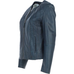 Women's Blue Leather Round Collar Jacket