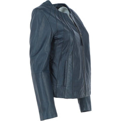 Women's Blue Leather Round Collar Jacket