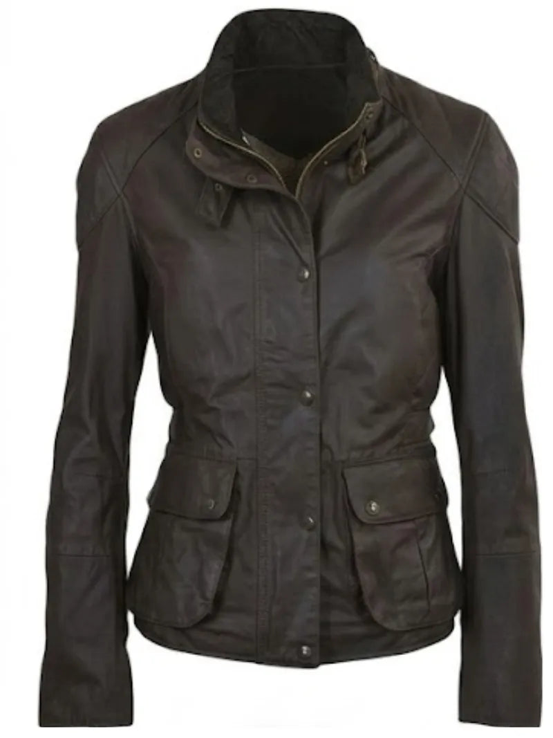 Women's Brown Leather Jacket with High-Neck Design