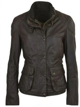 Women's Brown Leather Jacket with High-Neck Design