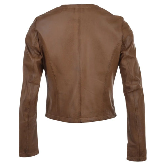 Women's Brown Leather Jacket with Round Collar