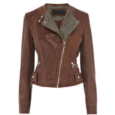 Women’s Brown Leather Jacket with Tweed Lapel Detail