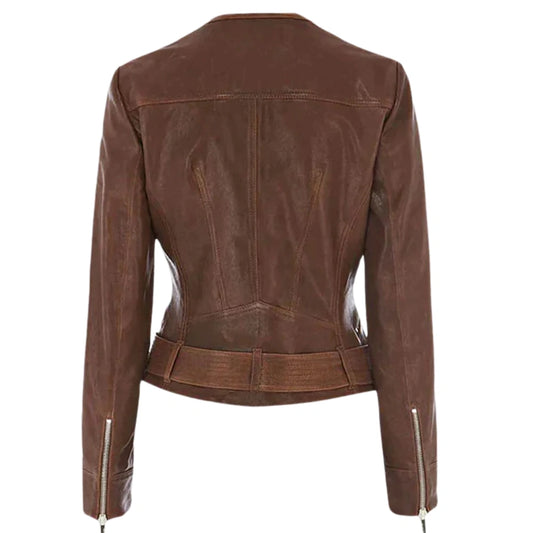 Women’s Brown Leather Jacket with Tweed Lapel Detail