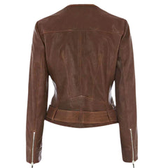 Women’s Brown Leather Jacket with Tweed Lapel Detail
