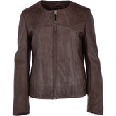Women's Brown Leather Round Collar Jacket