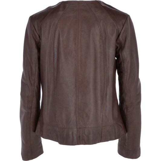 Women's Brown Leather Round Collar Jacket