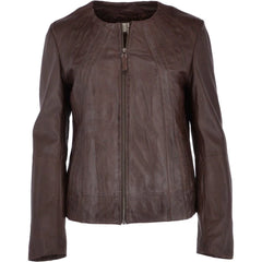 Women's Brown Leather Round Collar Jacket