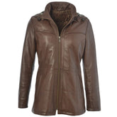 Women's Brown Quilted Leather Hooded Jacket