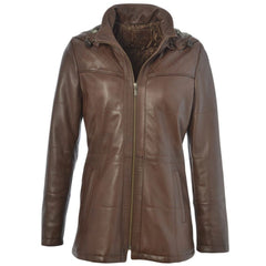 Women's Brown Quilted Leather Hooded Jacket