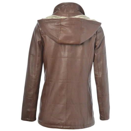 Women's Brown Quilted Leather Hooded Jacket