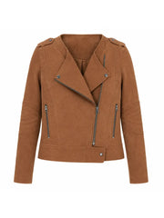 Women’s Brown Suede Leather Jacket with Zipper Front
