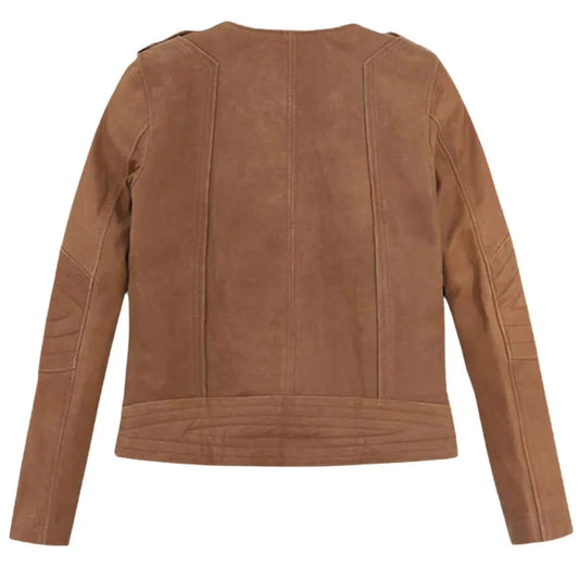 Women’s Brown Suede Leather Jacket with Zipper Front