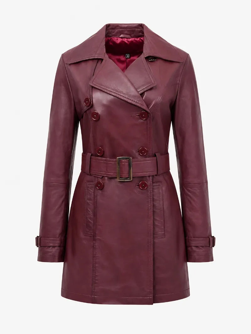 Women’s Burgundy Leather Trench Coat