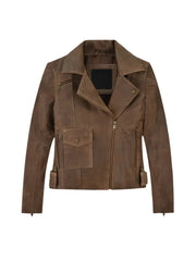 Women’s Classic Brown Leather Jacket with Flap Pocket Front