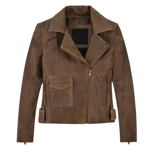 Women’s Classic Brown Leather Jacket with Flap Pocket