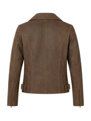 Women’s Classic Brown Leather Jacket with Flap Pocket Back