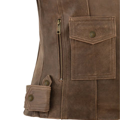 Women’s Classic Brown Leather Jacket with Flap Pocket