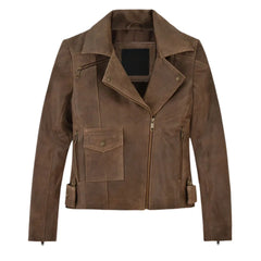 Women’s Classic Brown Leather Jacket with Flap Pocket