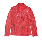Women’s Classic Red Leather Jacket with Asymmetrical Zipper