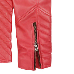 Women’s Classic Red Leather Jacket with Asymmetrical Zipper