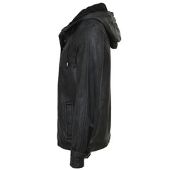 Women's Detachable Hooded Black Leather Jacket