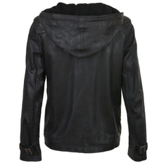 Women's Detachable Hooded Black Leather Jacket