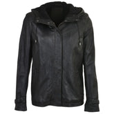 Women's Detachable Hooded Black Leather Jacket