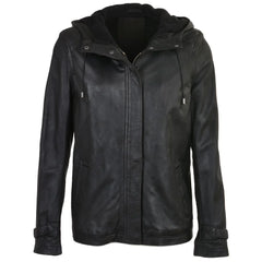 Women's Detachable Hooded Black Leather Jacket