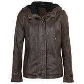 Women's Detachable Hooded Brown Leather Jacket