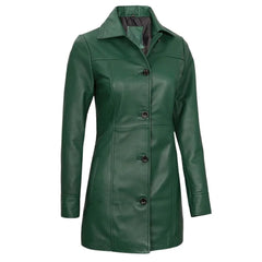 Women's Green Button Closure Leather Coat
