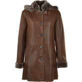 Women's Brown Hooded Shearling Leather Coat