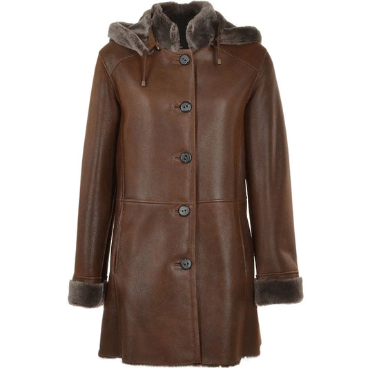 Women's Brown Hooded Shearling Leather Coat