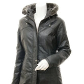 Women's Fur Hood Long Black Leather Jacket