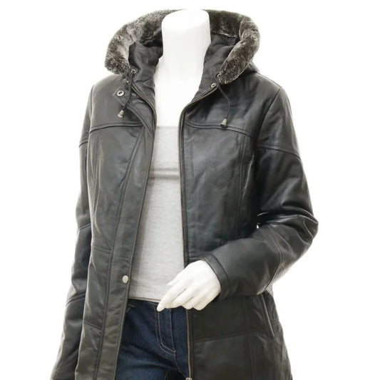 Women's Fur Hood Long Black Leather Jacket