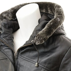 Women's Fur Hood Long Black Leather Jacket