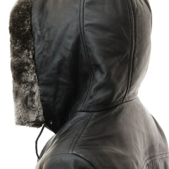 Women's Fur Hood Long Black Leather Jacket