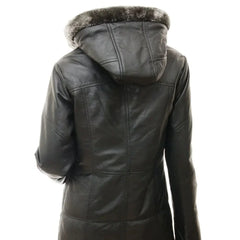 Women's Fur Hood Long Black Leather Jacket
