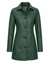 Women's Green Button Closure Leather Coat