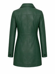 Women's Green Button Closure Leather Coat