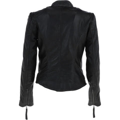 Women's High Collar Black Leather Classic Jacket