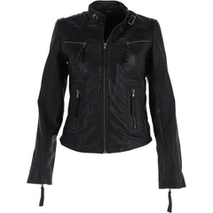 Women's High Collar Black Leather Classic Jacket