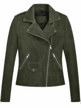 Women’s Olive Green Suede Leather Jacket Front