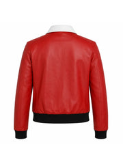 Women's Red Leather Jacket with Contrast White Collar Back