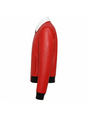 Women's Red Leather Jacket with Contrast White Collar Left