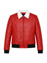 Women's Red Leather Jacket with Contrast White Collar Front