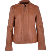 Women's Tan Front Pleated Leather Jacket